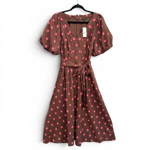 Ann Taylor Polkadot Puff Sleeve Flare Midi Dress Womens Sz 6 Brown & Pink Belted